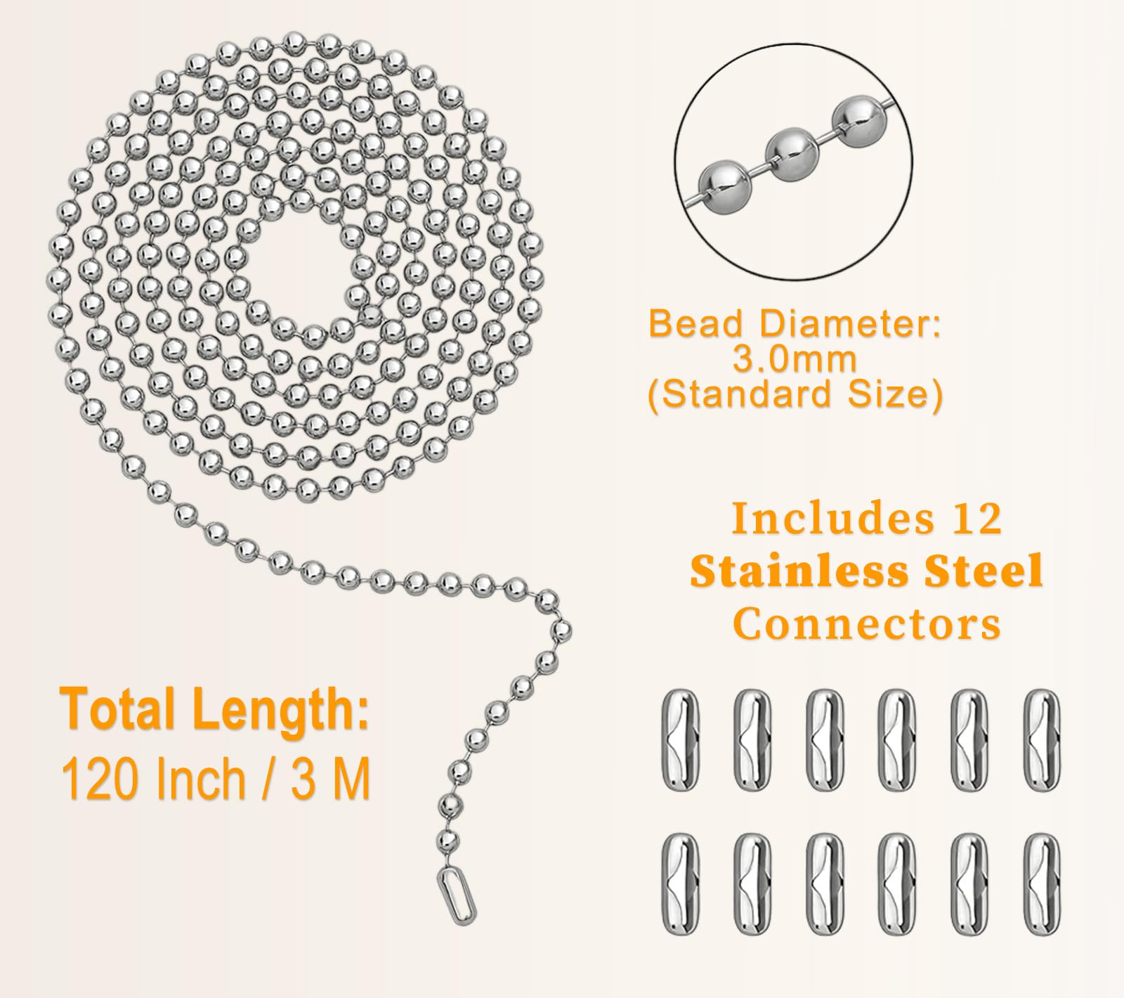 Dlhmboq 120'' Ceiling Fan Pull Chain Extender - Stainless Steel Ball Chain With 12 Connectors, Adjustable Length For Fan/Light F